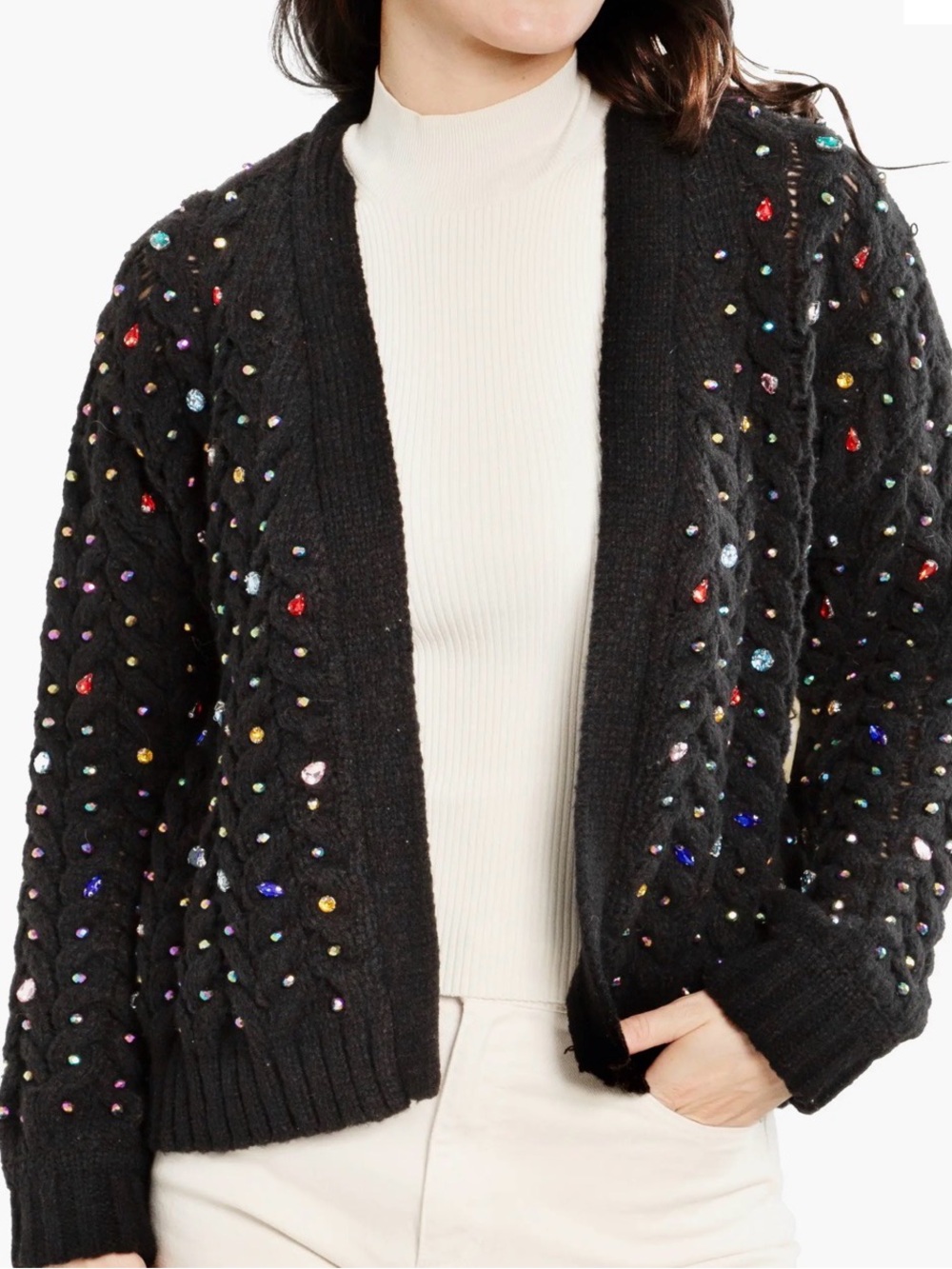 SAACHI Black Jeweled Beaded Cable Knit Cardigan Sweater Multicolor Rhinestones